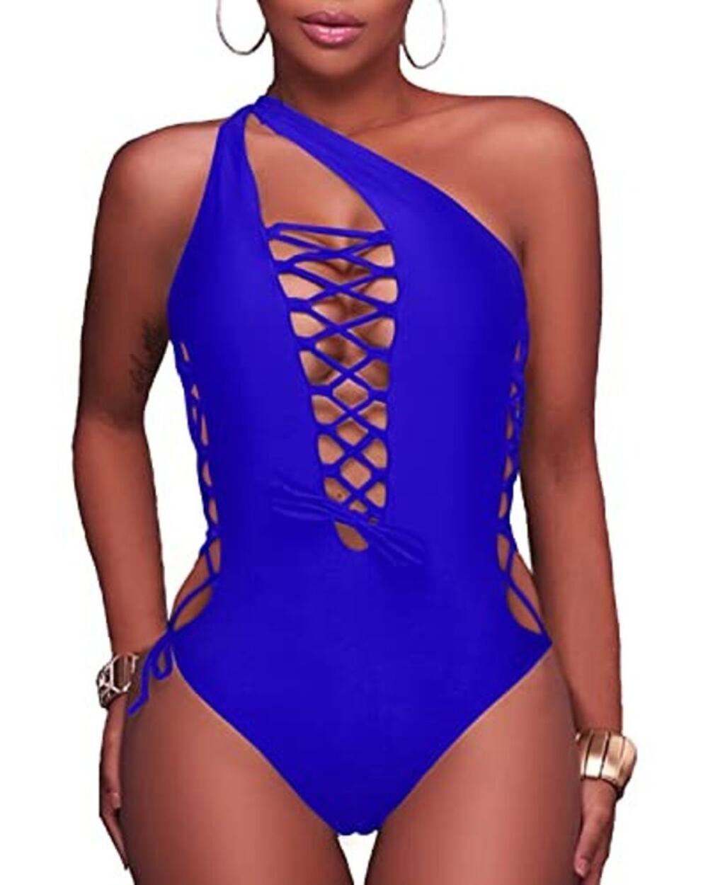 NWT Holipick One Shoulder Monokini Royal Blue Lace-Up Swimsuit Women’s L